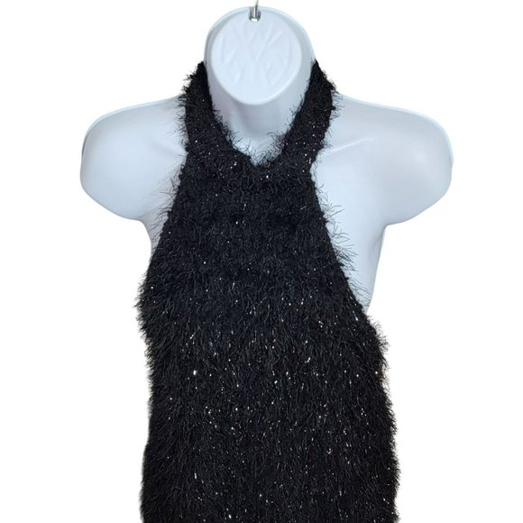 Shein Bae Women's L Black Fuzzy Mini Dress w/Halter Top and Open Back **NWT** - Picture 2 of 14